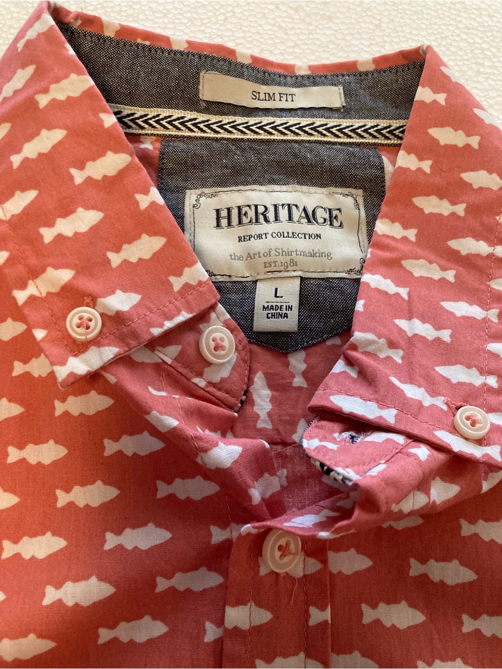 Heritage Men's Coral Button-Down Shirt with White Fish Print